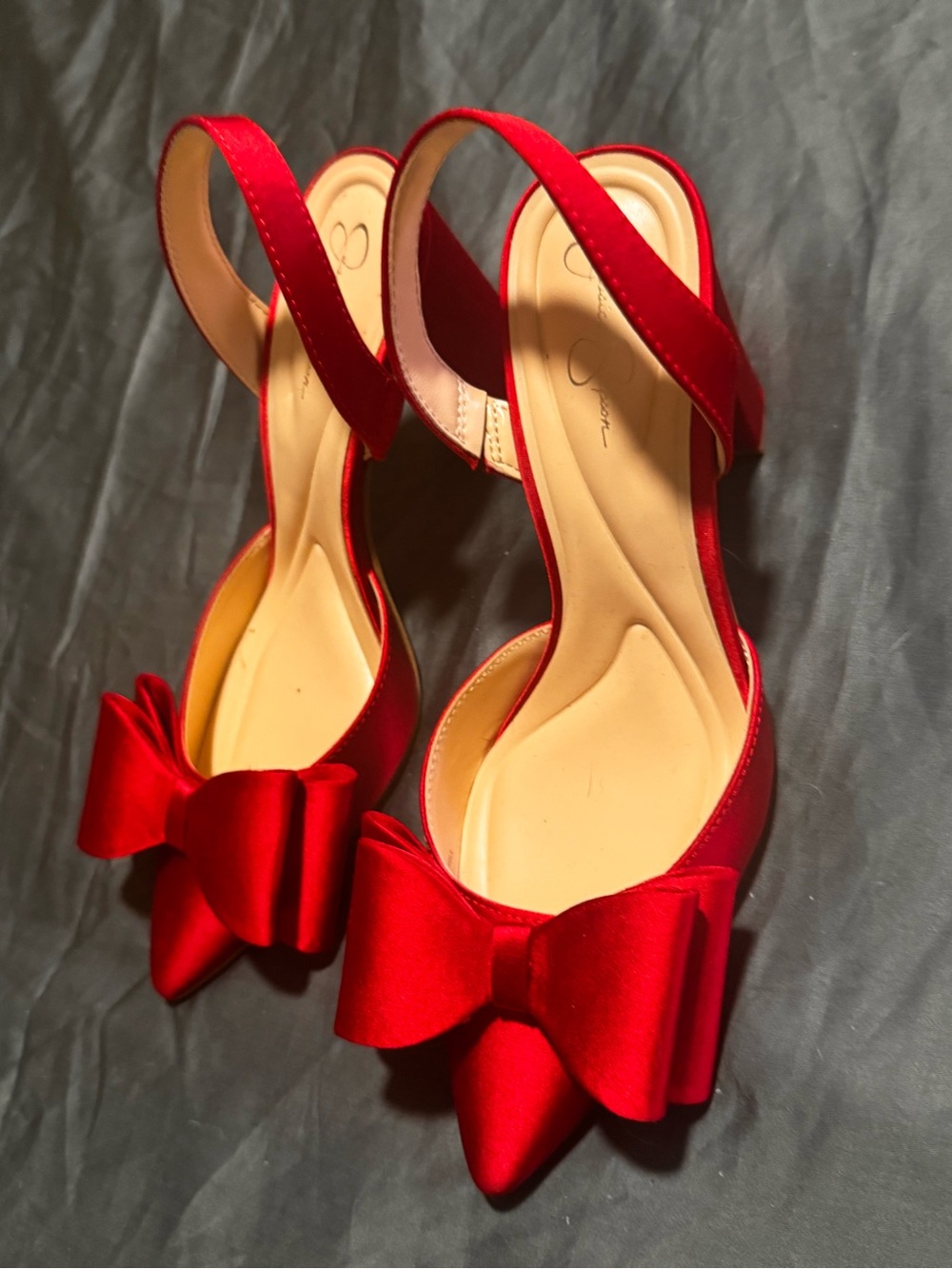 Jessica Simpson Red Satin Pointed-Toe Slingback Heels with Bow